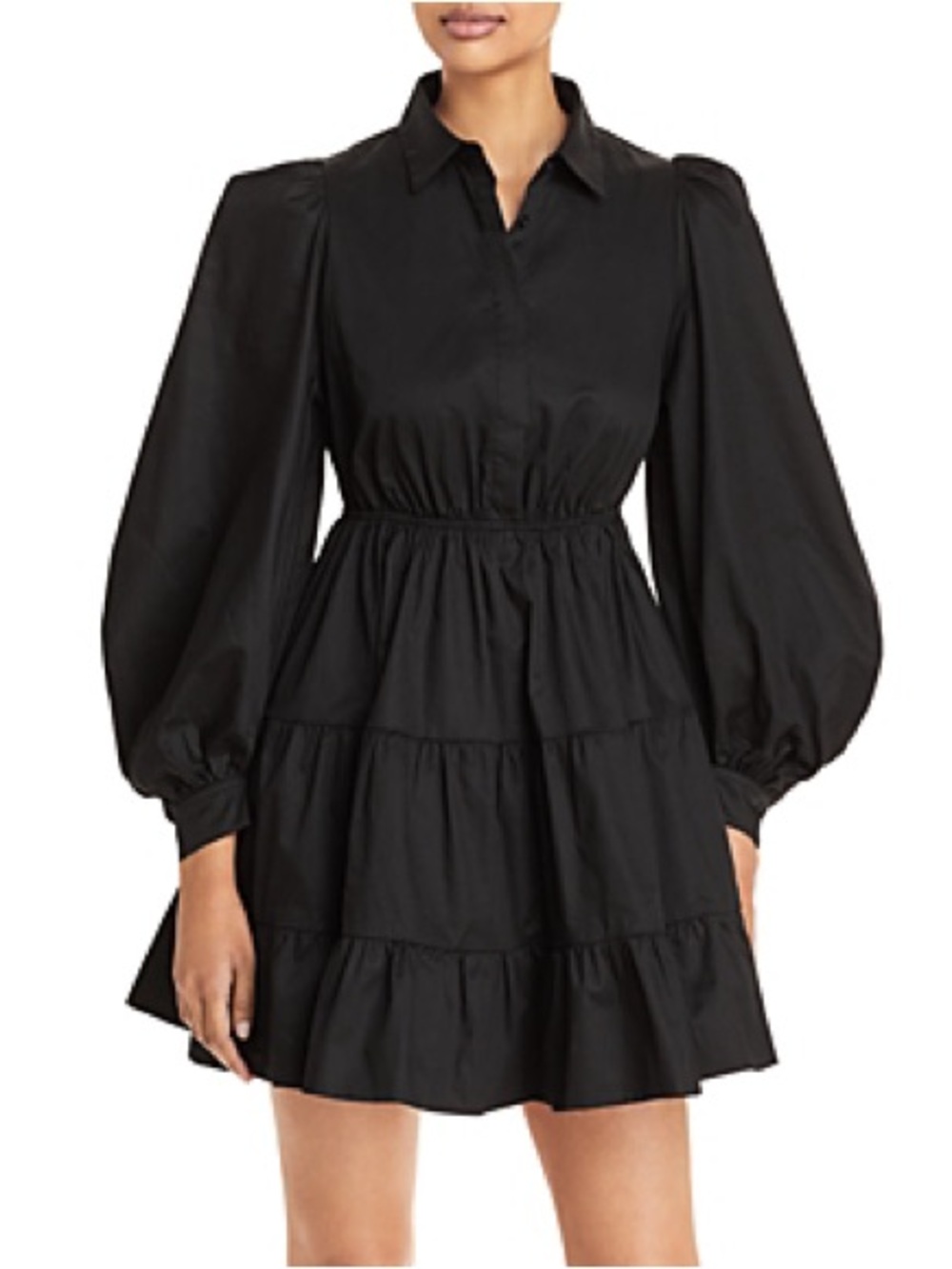 Bardot Black Cotton Poplin Tiered Puff Sleeve A-Line Mini Dress Size 6/Small